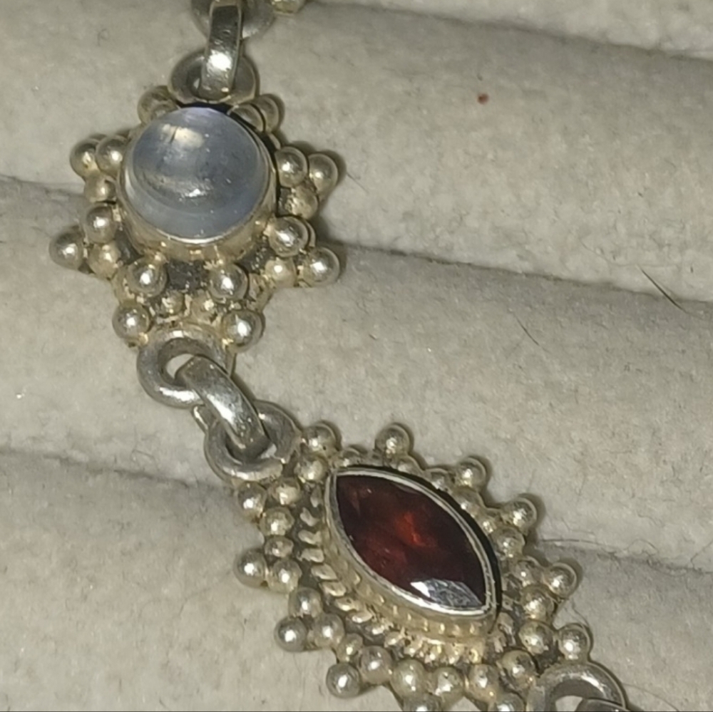 80s Signed Solid Sterling Garnet And Moonstone Br… - image 2
